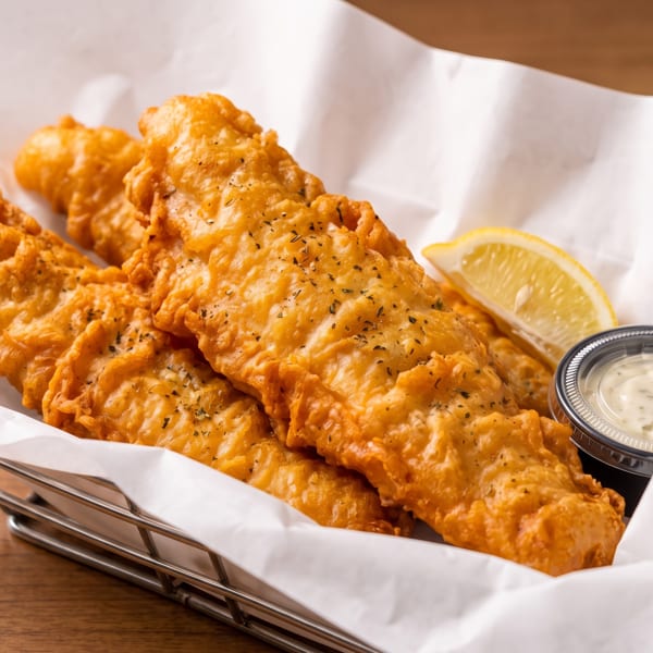Golden-brown fried fish fillets in a metal basket with white paper, lemon wedge, and tartar sauce.