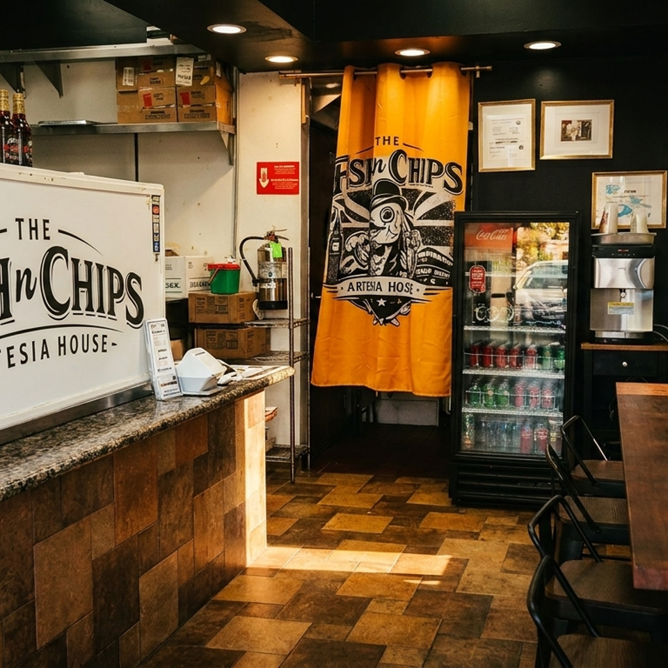 Interior of The Fish 'n Chips Artesia House restaurant, showing counter, seating, and kitchen area.