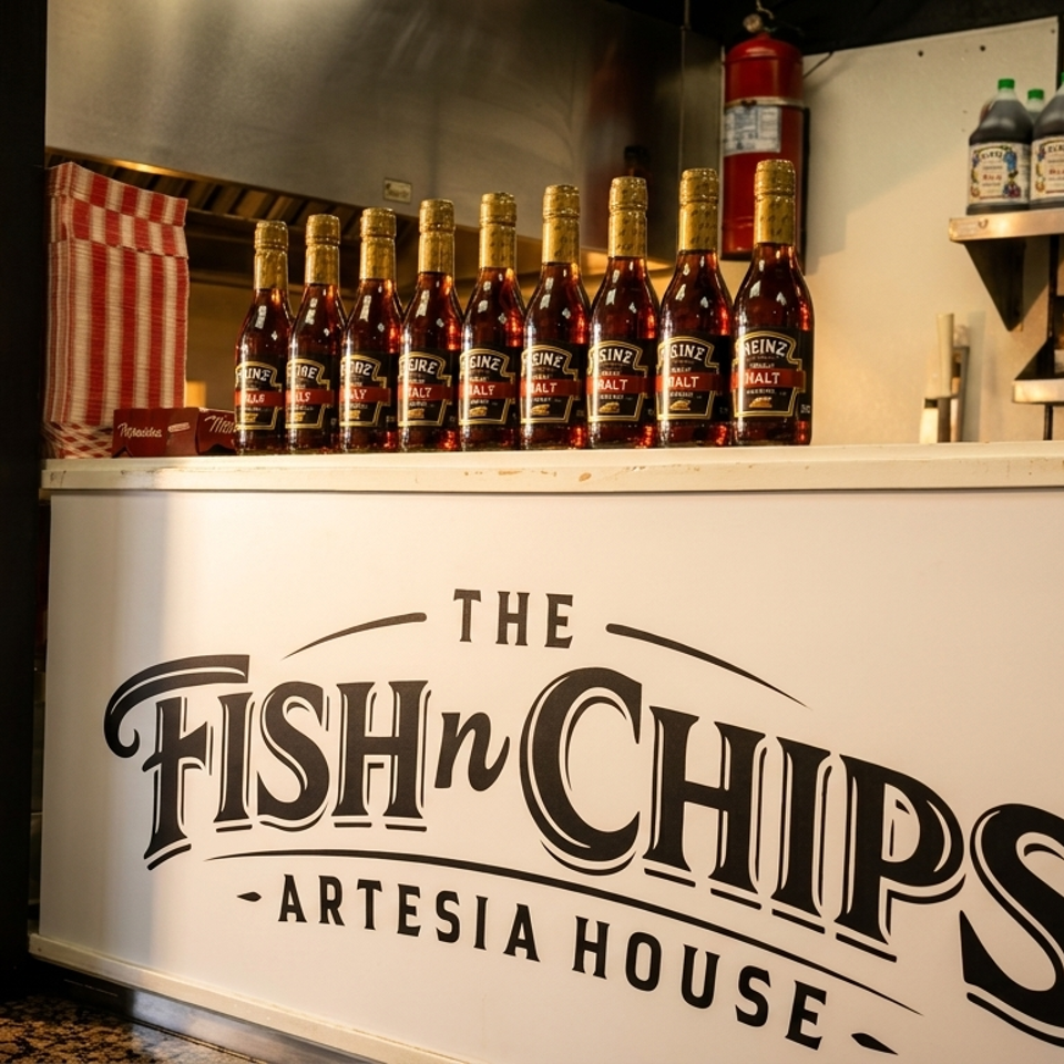 The Fish 'n Chips Artesia House counter with malt vinegar bottles and payment options.