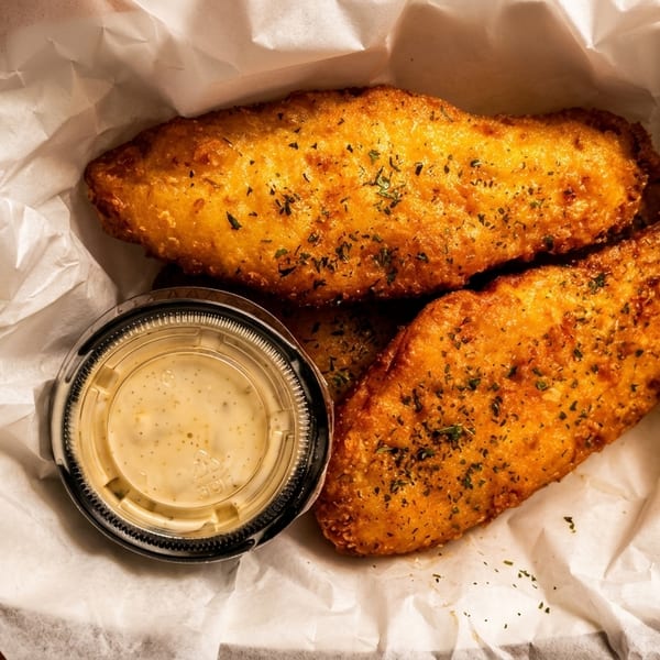 Golden-brown fried fish fillets with herbs, a lemon wedge, and tartar sauce in a white paper-lined basket.