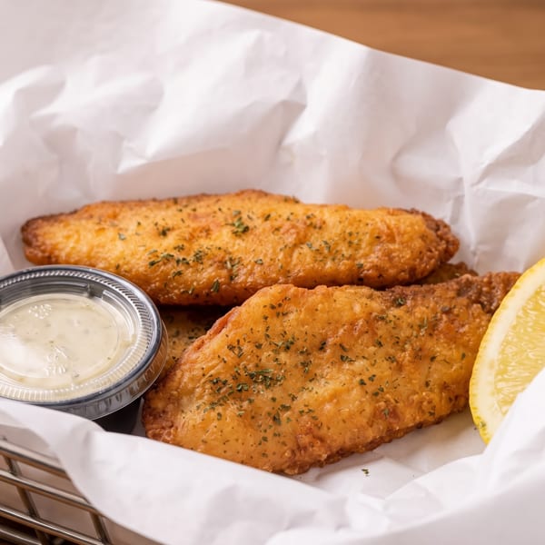 Three pieces of golden-brown fried fish with herbs, a lemon wedge, and tartar sauce in a basket.